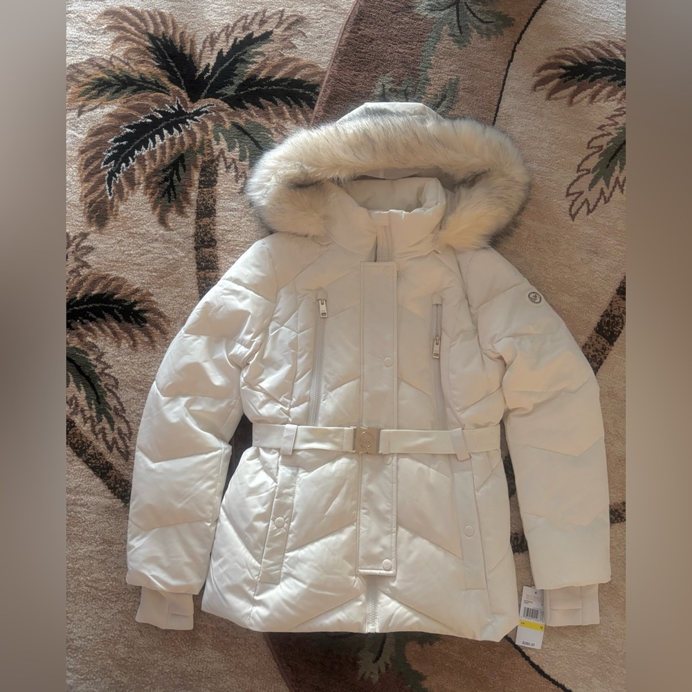 Michael Kors Bone White Coat Belted MK Jacket Fur Hood NWT $280 Super Vibrant - Picture 10 of 15